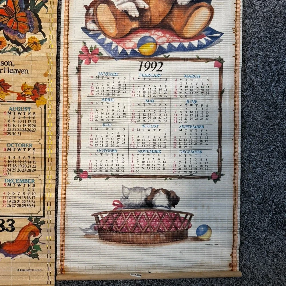 Vintage Giftco 1982, 1983 & 1992 Bamboo Art Wall Scroll Calendars Lot Butterfly